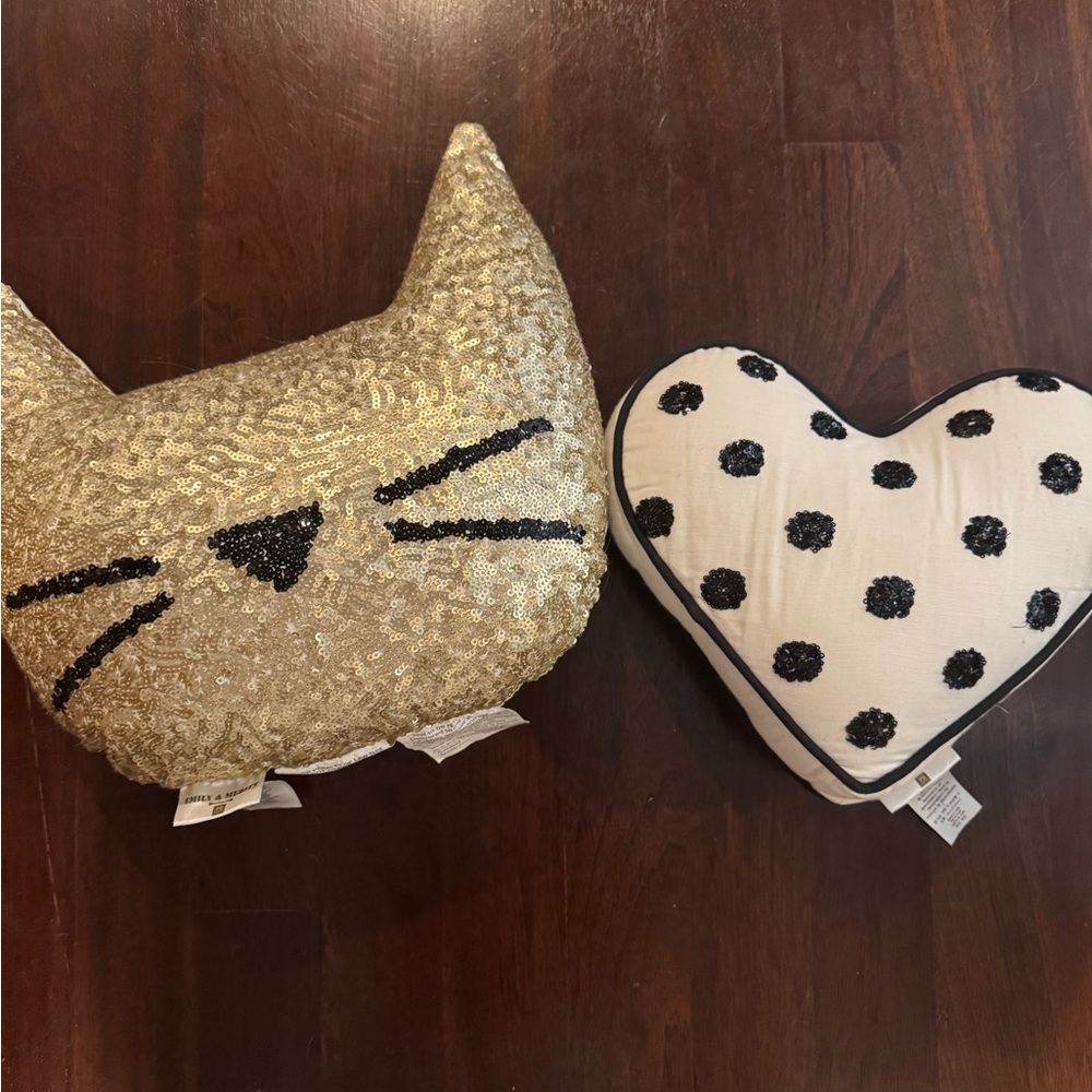 Emily and Merrit Pottery Barn Gold Cat and Heart Pillows